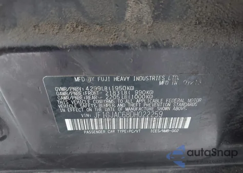 2013 Subaru Impreza 2.0I Premium z USA, uszkodzony, nr VIN JF1GJAC68DH022259